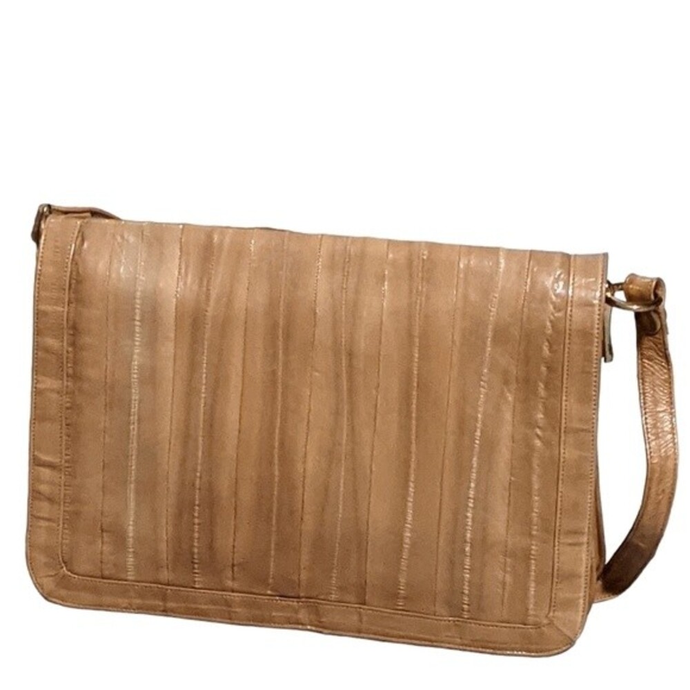 Vintage EEL skin shoulder handbag tan flap gold tone hardware Korea - Picture 10 of 11